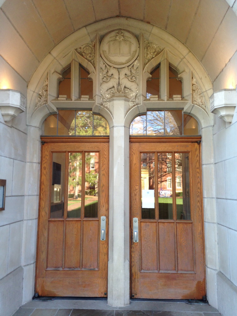 Main entrance. Notice the unicorns carved above the door.