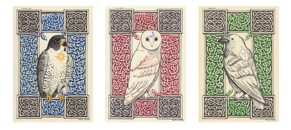 “Celestial Birds” – (Falcon Sun, Owl Moon, and Raven Star) – Ink